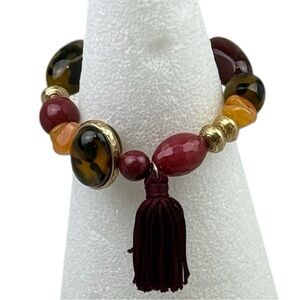 Beaded Stretch Bracelet Tassel Earth Tone Statement Jewelry Neutral Boho